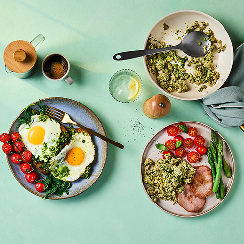 Three meals made with pesto and eggs