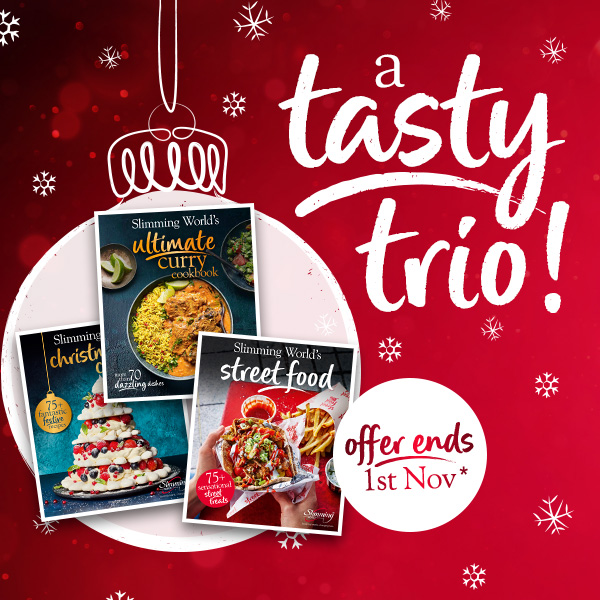 a tasty trio! showing three Slimming World recipe books. offer promotion ending 1st November 2025.